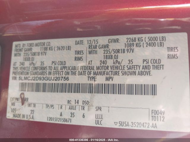 5LMCJ2D93GUJ20756 Lincoln MKC SELECT
