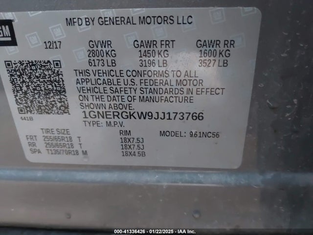 1GNERGKW9JJ173766 Chevrolet Traverse 1lt
