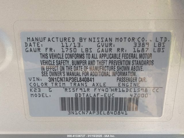 3N1CN7AP3EL840841 Nissan Versa 1.6 S