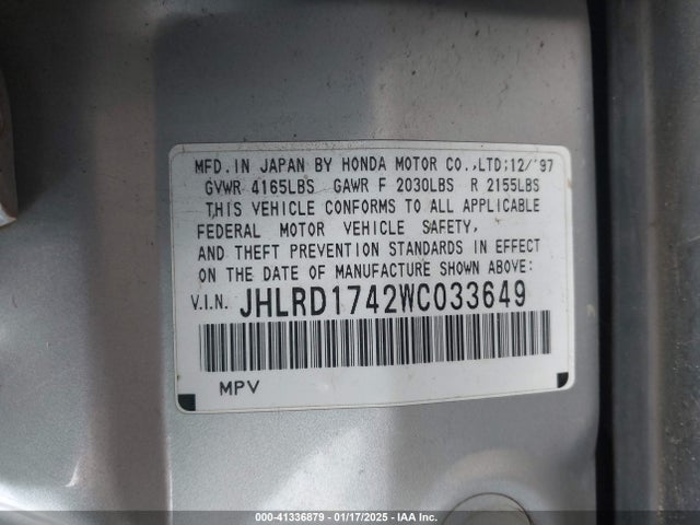 Aukcja sprzedaży 1998 Honda Cr-v Lx, vin: JHLRD1742WC033649, numer aukcji: 41336879