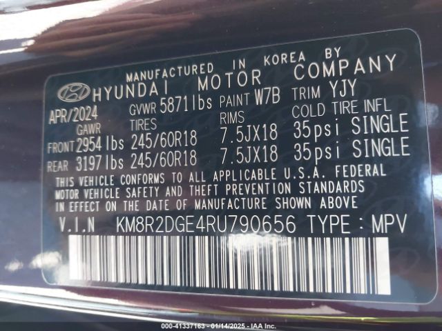 KM8R2DGE4RU790656 Hyundai Palisade Sel
