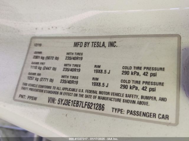 5YJ3E1EB7LF621286 Tesla Model 3 Long Range Dual Motor All-wheel Drive