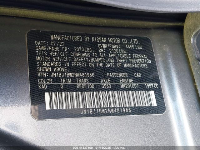 JN1BJ1BW2NW481986 Nissan Rogue Sport Sv Awd Xtronic Cvt