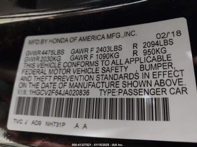 1HGCV2F64JA020836 Honda Accord Ex-l 2.0t