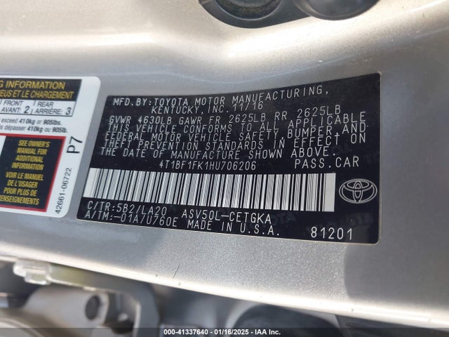 Toyota CAMRY XLE 2017 4T1BF1FK1HU706206 Image 9