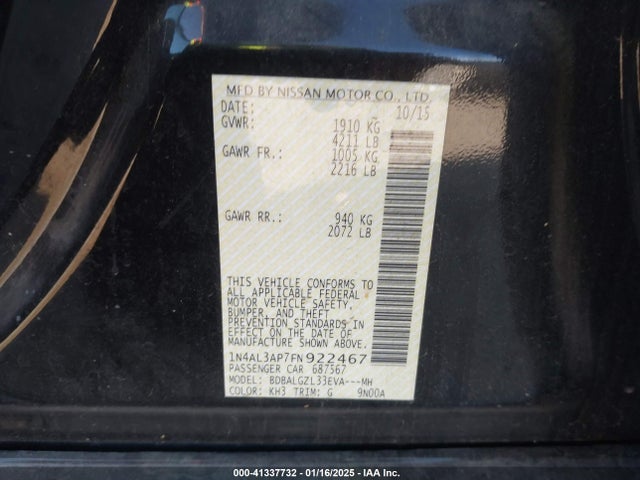 Nissan Altima 2.5 S 2015 1N4AL3AP7FN922467 Image 9