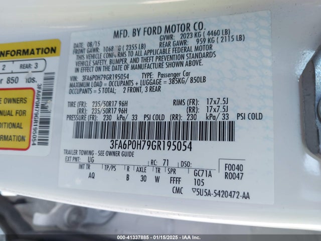 Ford FUSION SE 2016 3FA6P0H79GR195054 Image 9