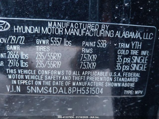5NMS4DAL8PH531504 Hyundai Santa Fe Limited