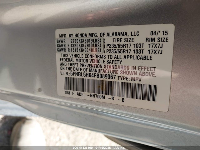 Honda Odyssey Ex-l 2015 5FNRL5H64FB089067 Image 9