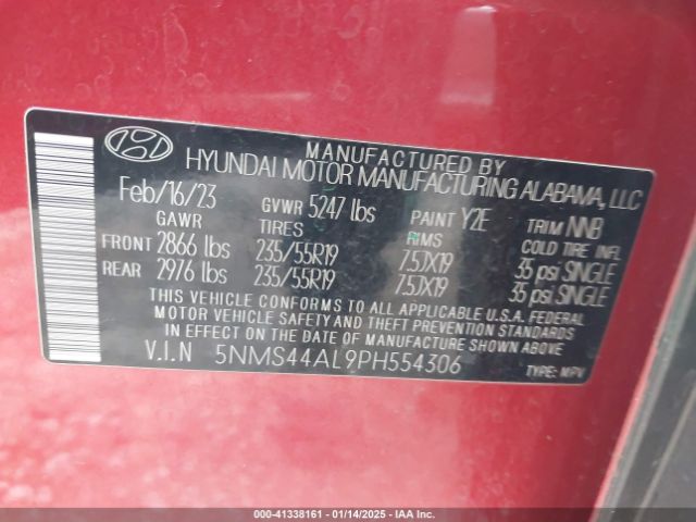 5NMS44AL9PH554306 Hyundai Santa Fe Limited