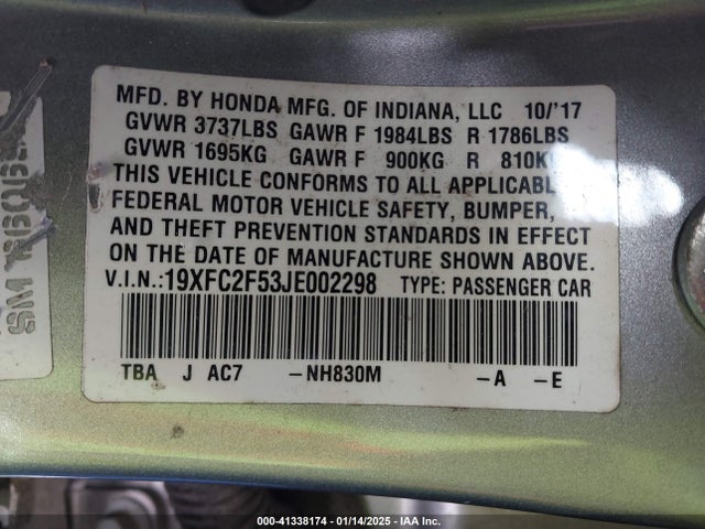 Honda Civic Lx 2018 19XFC2F53JE002298 Image 9