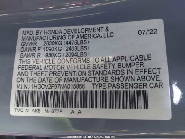 1HGCV2F97NA015856 Honda Accord Touring