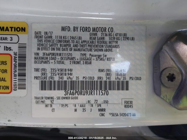 3FA6P0RU9JR111570 Ford Fusion Hybrid Titanium