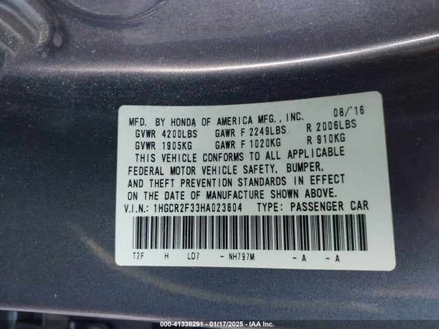 Honda ACCORD LX 2017 1HGCR2F33HA023604 Image 9