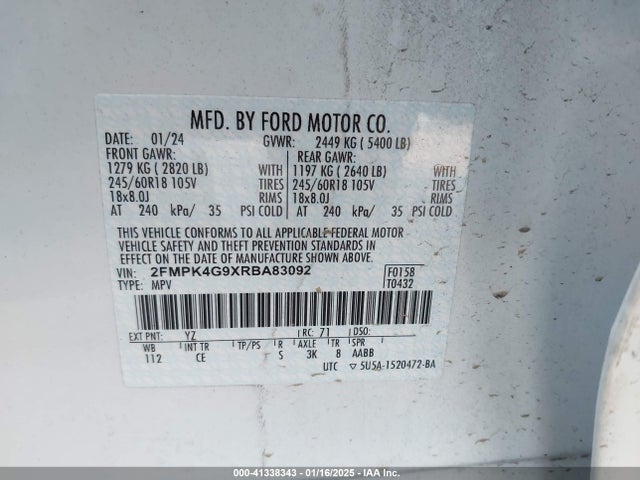 41338343 :رقم المزاد ، 2FMPK4G9XRBA83092 vin ، 2024 Ford Edge Se مزاد بيع