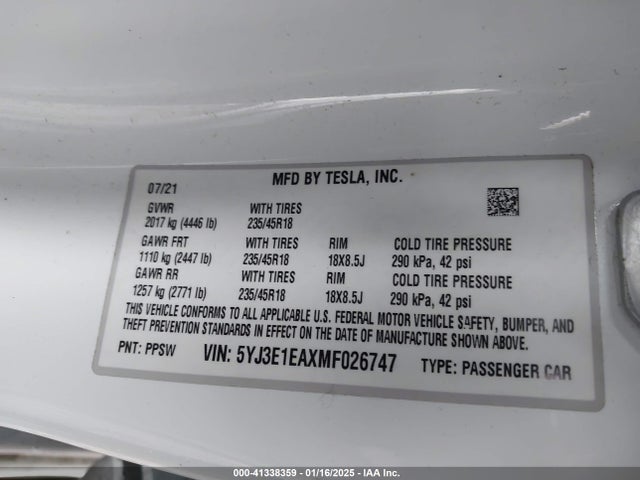 2021 TESLA MODEL 3 5YJ3E1EAXMF026747 Photo 8
