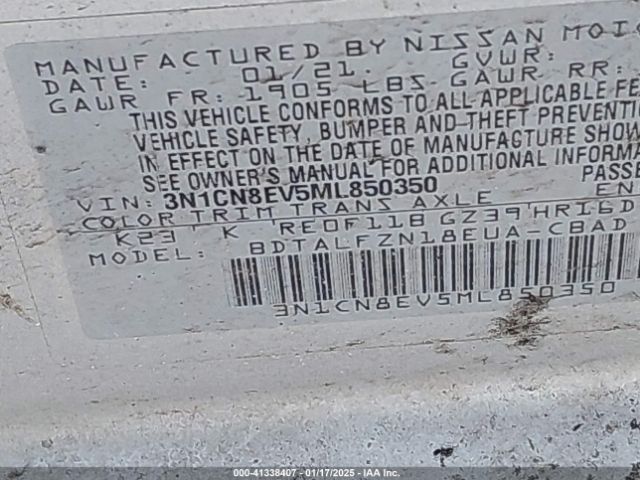 3N1CN8EV5ML850350 Nissan Versa Sv Xtronic Cvt