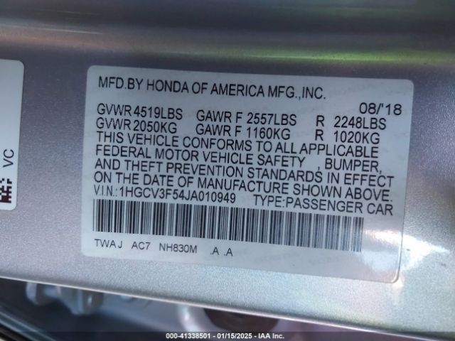 1HGCV3F54JA010949 Honda Accord Hybrid Ex-l