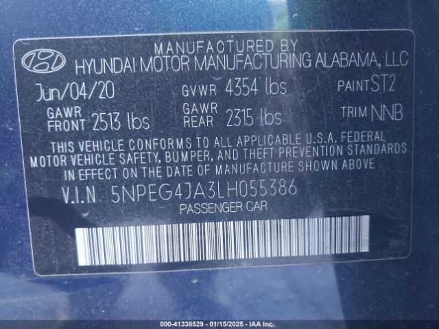 5NPEG4JA3LH055386 Hyundai SONATA SE