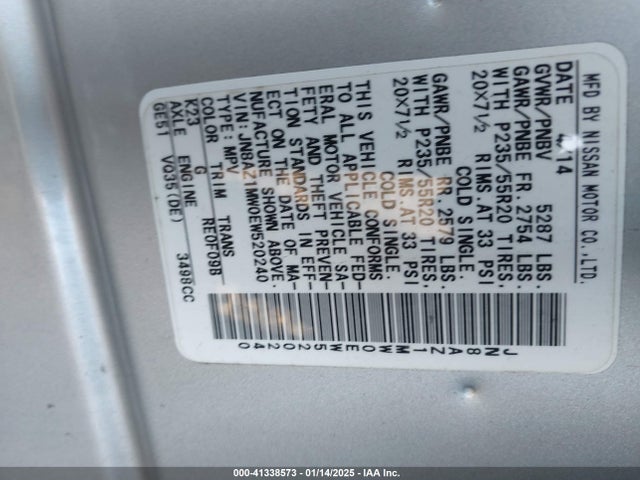 Nissan Murano Le 2014 JN8AZ1MW0EW520240 Image 9