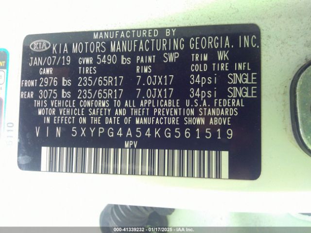 5XYPG4A54KG561519 KIA Sorento 3.3l Lx