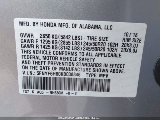 5FNYF6H60KB038846 Honda Pilot Touring