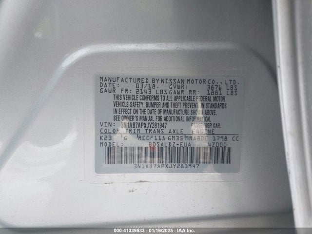3N1AB7APXJY281947 Nissan SENTRA SV