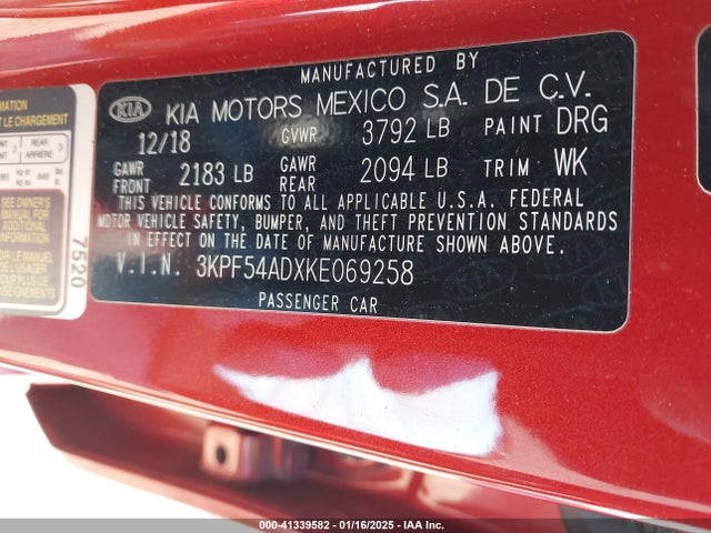 3KPF54ADXKE069258 KIA FORTE EX