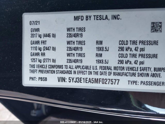 2021 TESLA MODEL 3 5YJ3E1EA5MF027577 Photo 8