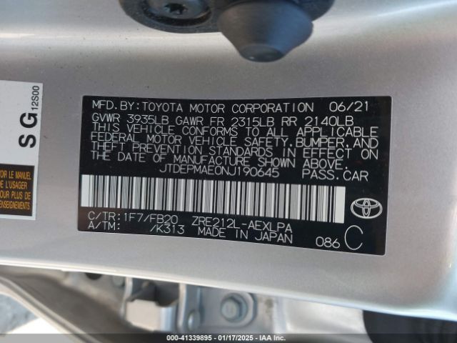 JTDEPMAE0NJ190645 Toyota COROLLA LE