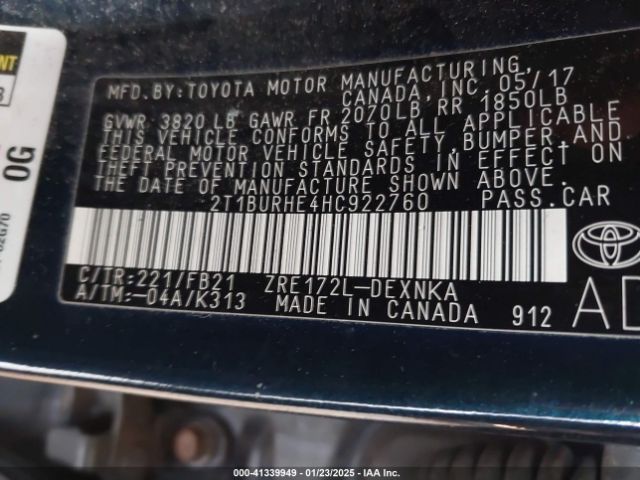 2T1BURHE4HC922760 Toyota Corolla L/le/xle/se/xse