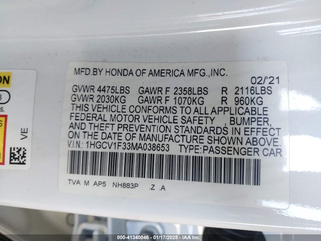 1HGCV1F33MA038653 Honda Accord Sport