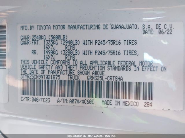 3TYRZ5CN9NT021875 Toyota Tacoma Sr5 V6