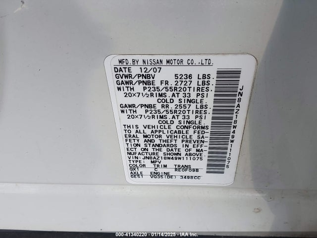 Aukcja sprzedaży 2009 Nissan Murano Le, vin: JN8AZ18W49W111075, numer aukcji: 41340220