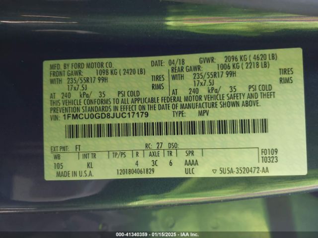 1FMCU0GD8JUC17179 Ford ESCAPE SE