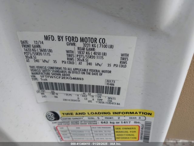 1FTFW1CF2EKG46893 Ford F-150 Lariat