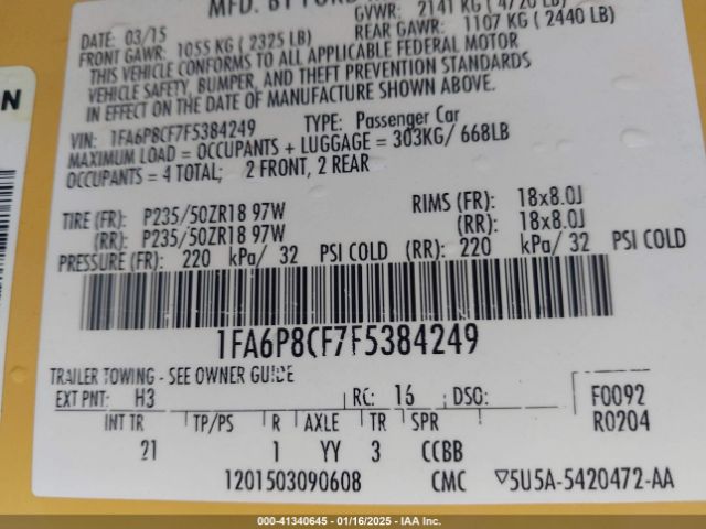 1FA6P8CF7F5384249 Ford MUSTANG GT