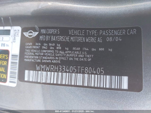 2005 MINI COOPER S WMWRH33405TF80405 Photo 8