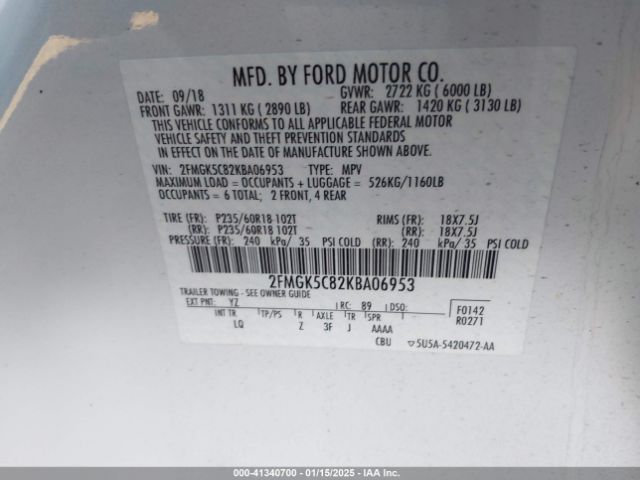 2FMGK5C82KBA06953 Ford FLEX SEL