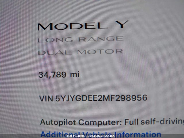 Aukcja sprzedaży 2021 Tesla Model Y Long Range Dual Motor All-wheel Drive, vin: 5YJYGDEE2MF298956, numer aukcji: 41340800