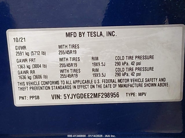 Aukcja sprzedaży 2021 Tesla Model Y Long Range Dual Motor All-wheel Drive, vin: 5YJYGDEE2MF298956, numer aukcji: 41340800