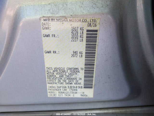 Nissan Altima 2.5 S 2016 1N4AL3AP1GN389498 Image 9