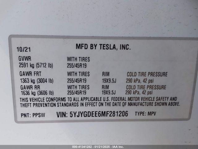 5YJYGDEE6MF281206 Tesla Model Y Long Range Dual Motor All-wheel Drive