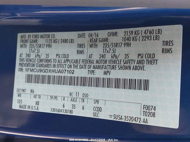 Ford ESCAPE SE 2017 1FMCU9GDXHUA07102 Image 9