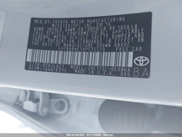 5YFBURHE1HP575579 Toyota Corolla Xle