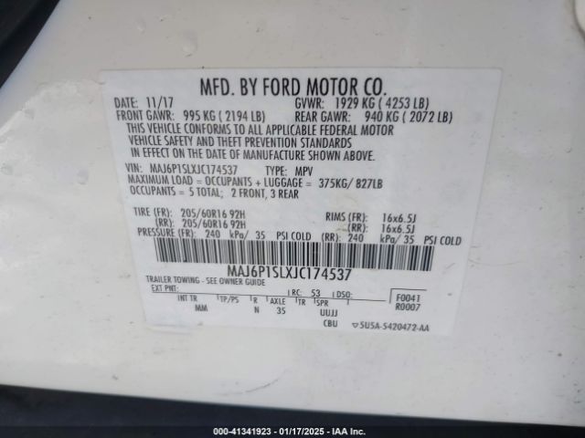 MAJ6P1SLXJC174537 Ford ECOSPORT S
