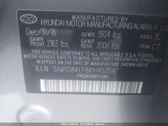5NPD84LF8KH453547 Hyundai Elantra Sel/value/limited