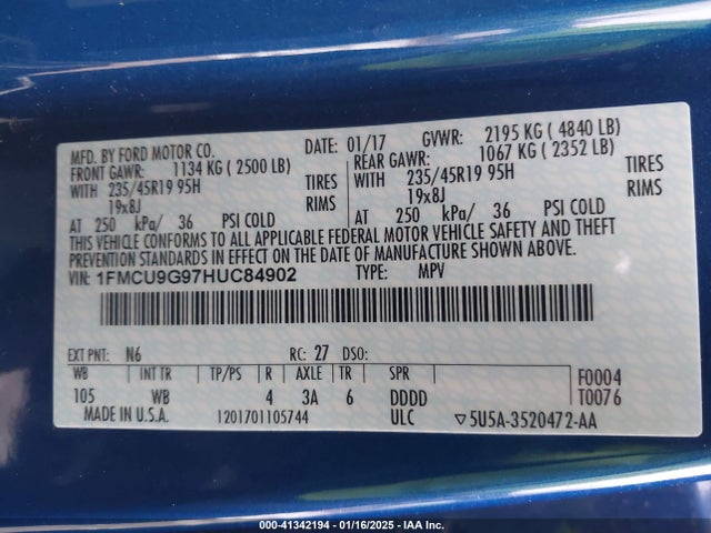 Ford ESCAPE SE 2017 1FMCU9G97HUC84902 Image 9