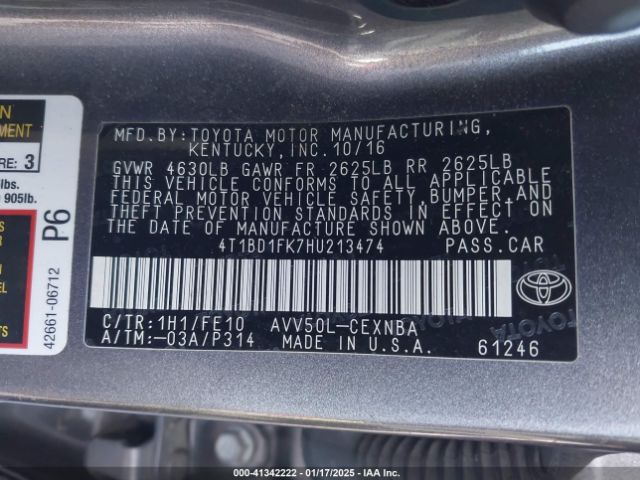4T1BD1FK7HU213474 Toyota Camry Hybrid Le