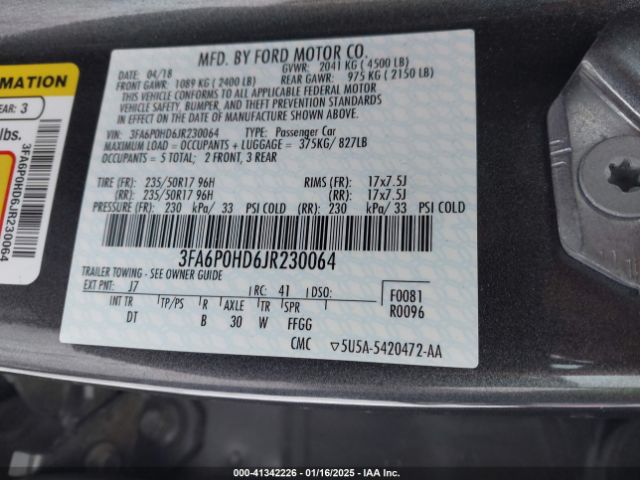 3FA6P0HD6JR230064 Ford FUSION SE